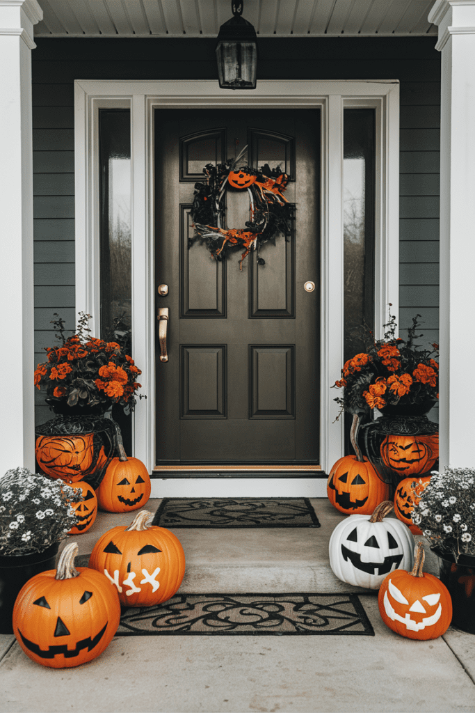 pumpkins with painted designs displayed on the front door adding a festive halloween touch to the entryway