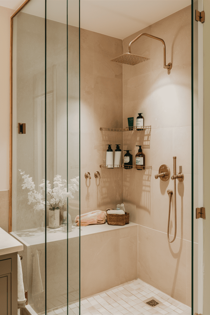 Shower caddy in the bathroom organizing toiletries and essentials.