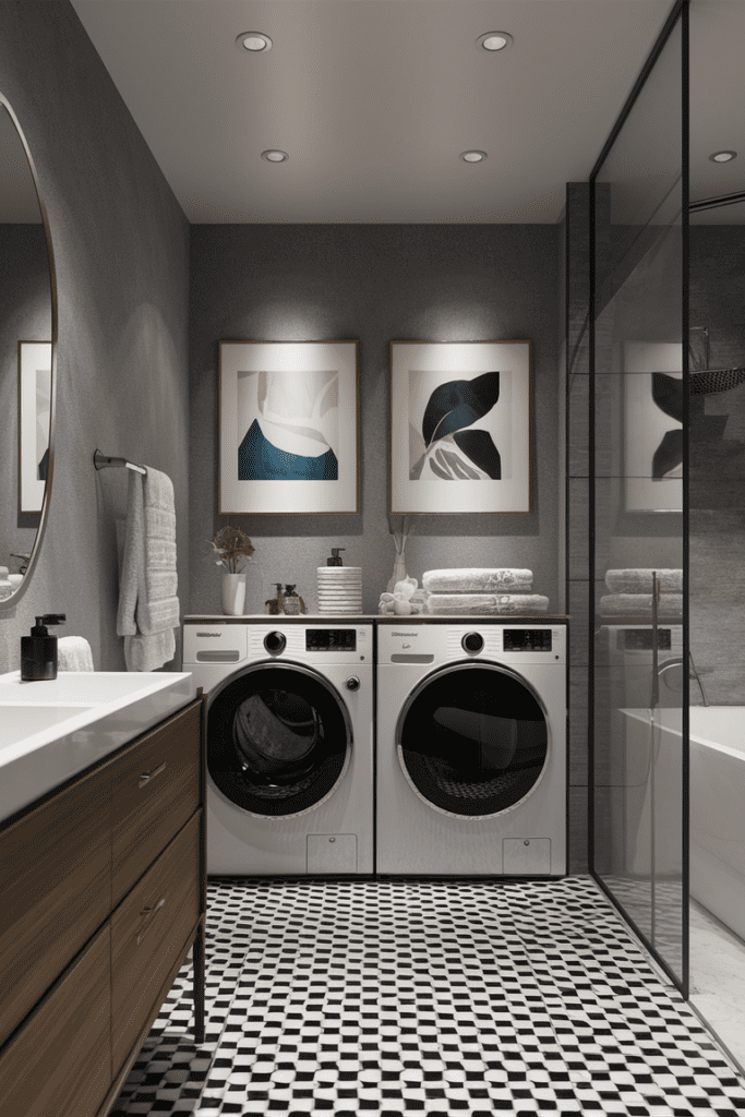 side by side washer and dryer setup in a well planned laundry room design