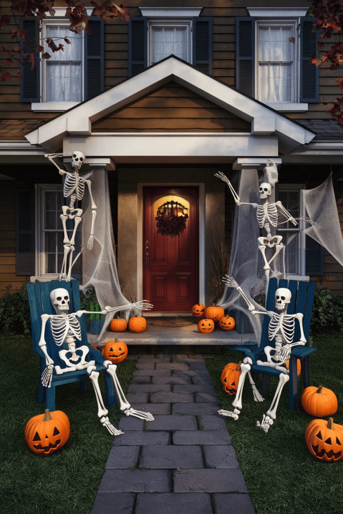 skeleton decorations in playful poses scattered around the yard creating a fun and spooky halloween atmosphere