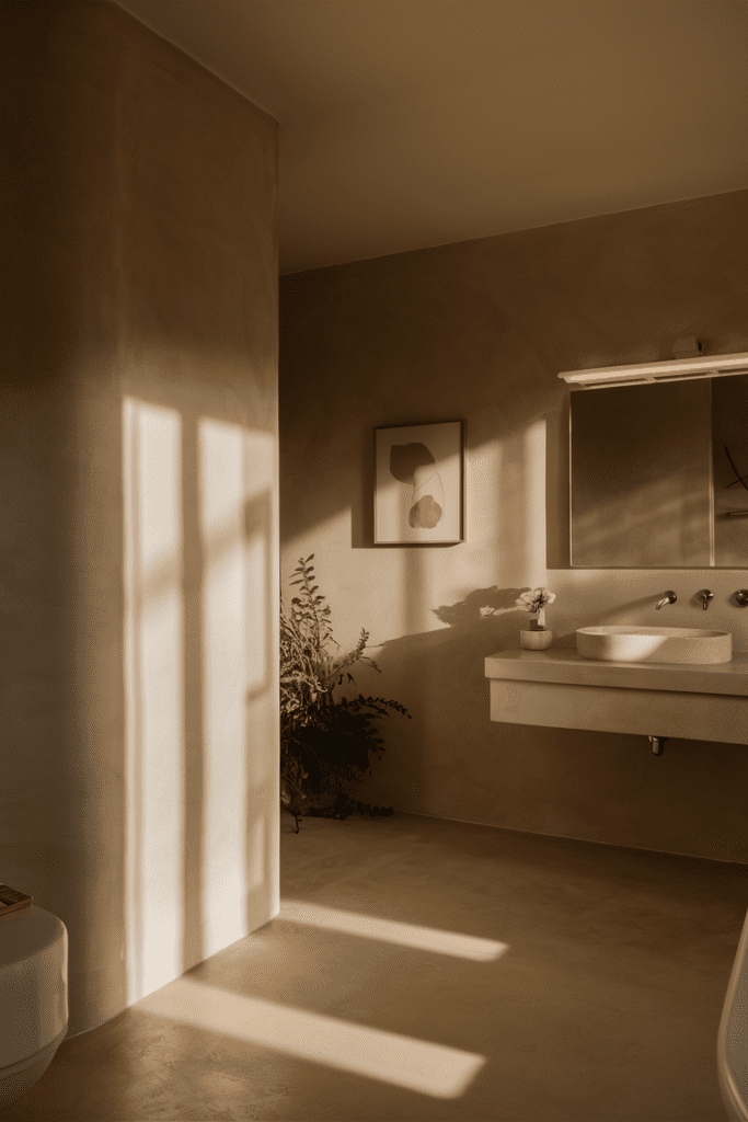 Soft ambient lighting in the bathroom creating a relaxing atmosphere.