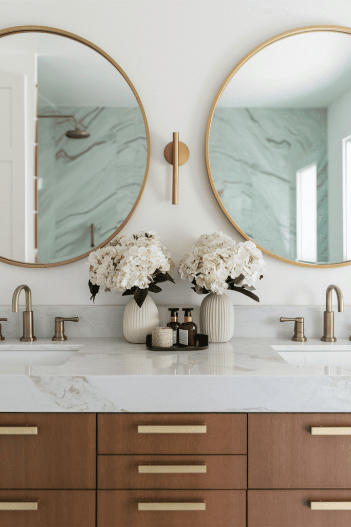 Large statement mirrors above the bathroom sink reflecting natural light.