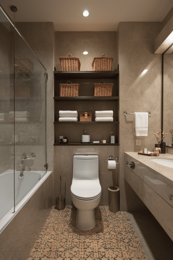 Over-the-toilet organizer in the bathroom, maximizing vertical storage space.