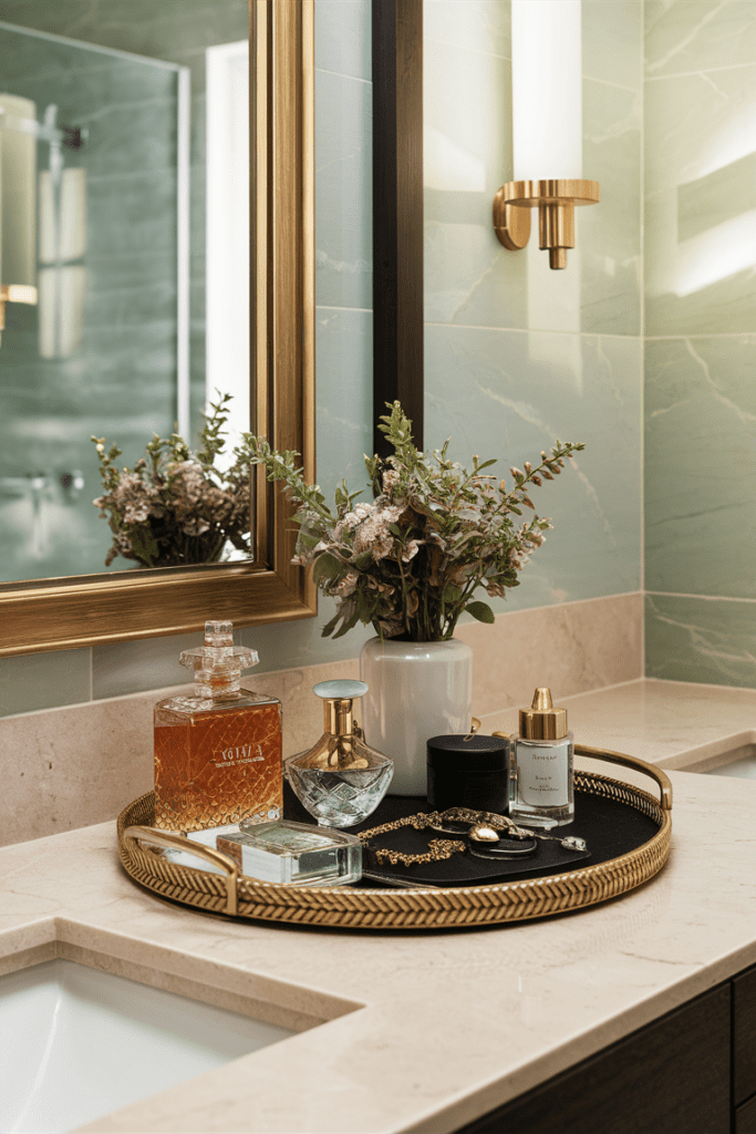 Vanity tray in the bathroom displaying perfume bottles, jewelry, and grooming essentials.