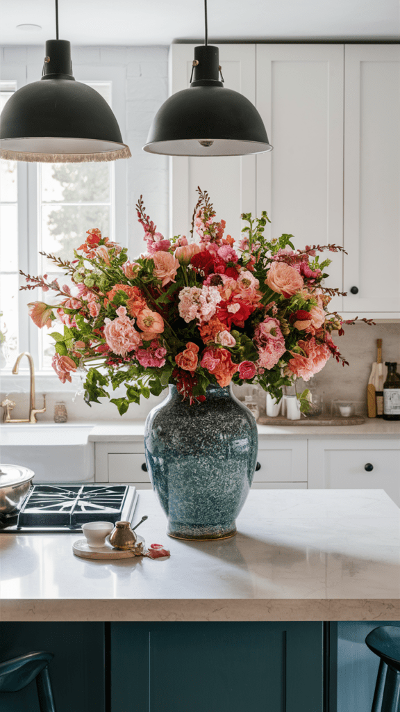 A blue vase filled with vibrant flowers sits on the kitchen counter, instantly brightening and adding a touch of elegance to the space. kitchen decor ideas