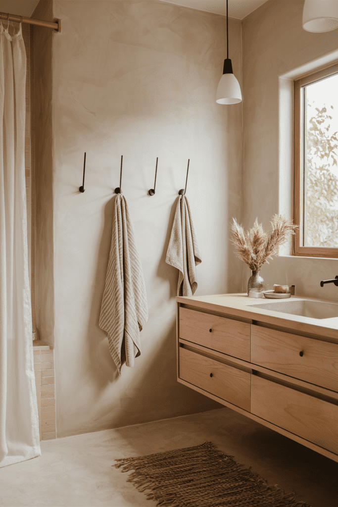 Towel hooks in the bathroom holding towels for easy access and storage.