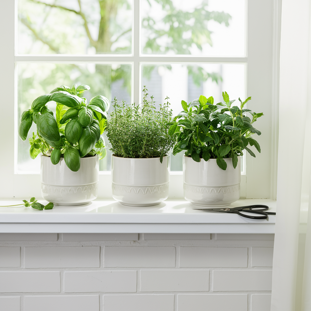 Small white pots of fresh herbs, including basil, thyme, and mint, arranged neatly on a kitchen counter. kitchen decor ideas