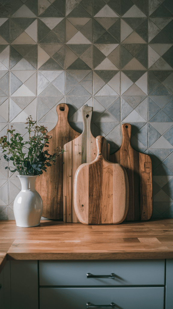 Sure, here’s the alt text for the image:

---

Wooden cutting boards arranged against the backsplash of a kitchen, creating an artisan look and adding warmth to the space.