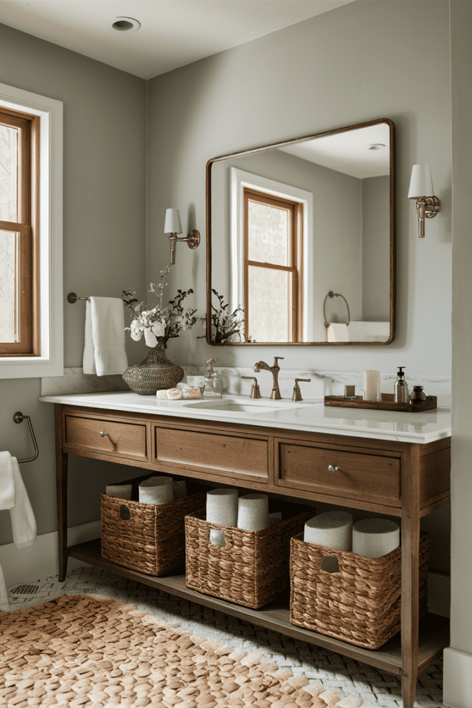 Storage baskets in the bathroom organizing towels and toiletries.