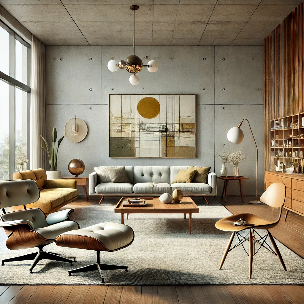 a mid century modern living room featuring clean lines and shapes.