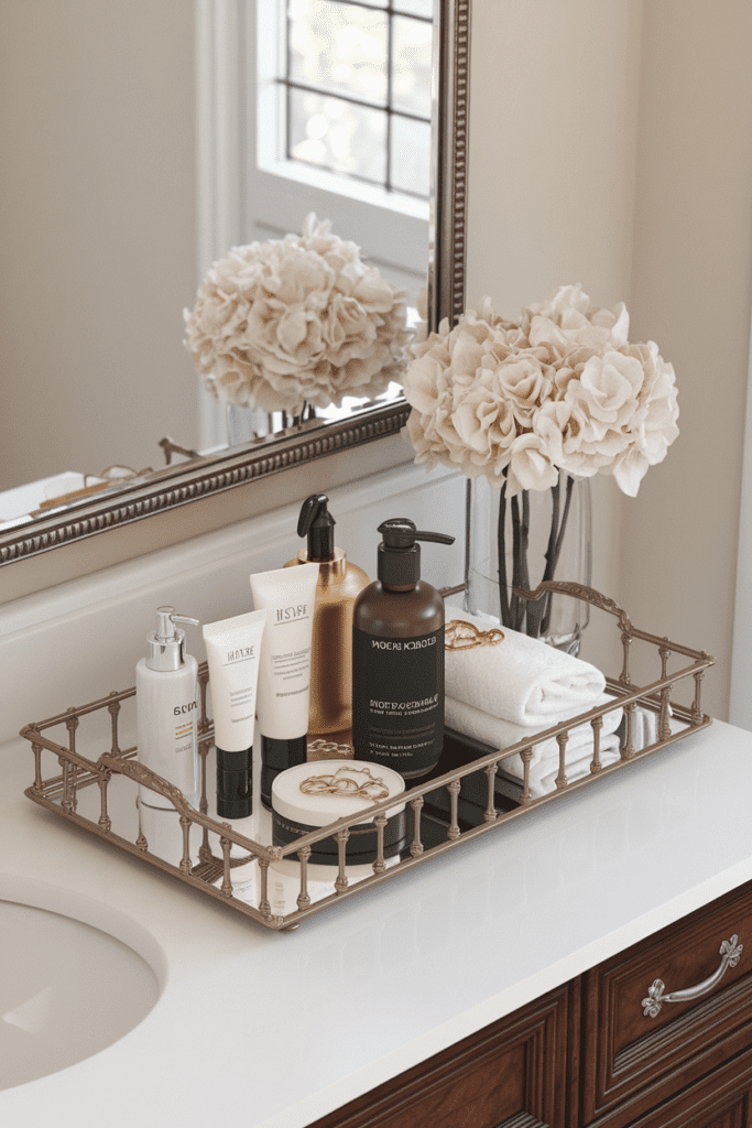 bathroom countertop with a vanity tray