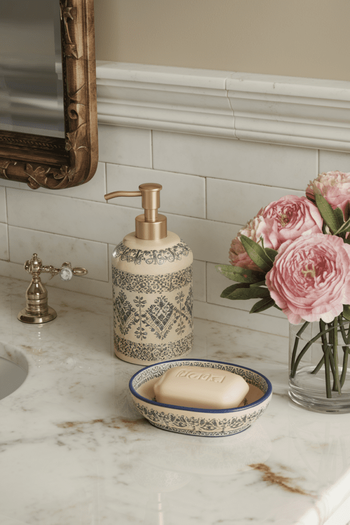 bathroom countertop with decorative soap dispensers and dishes