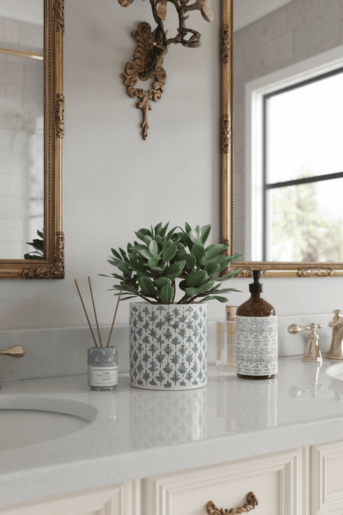 bathroom countertop with greenery