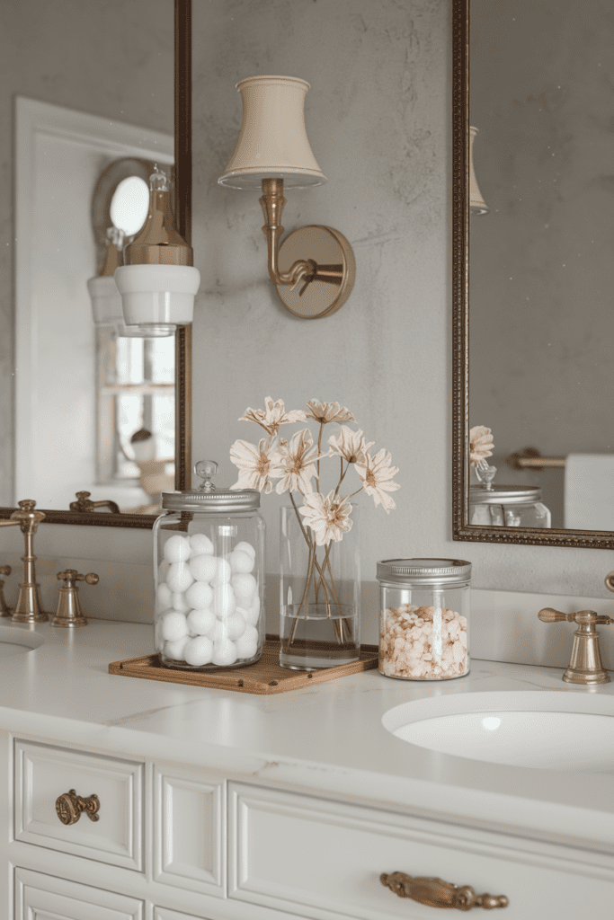 bathroom countertop with jars for storage