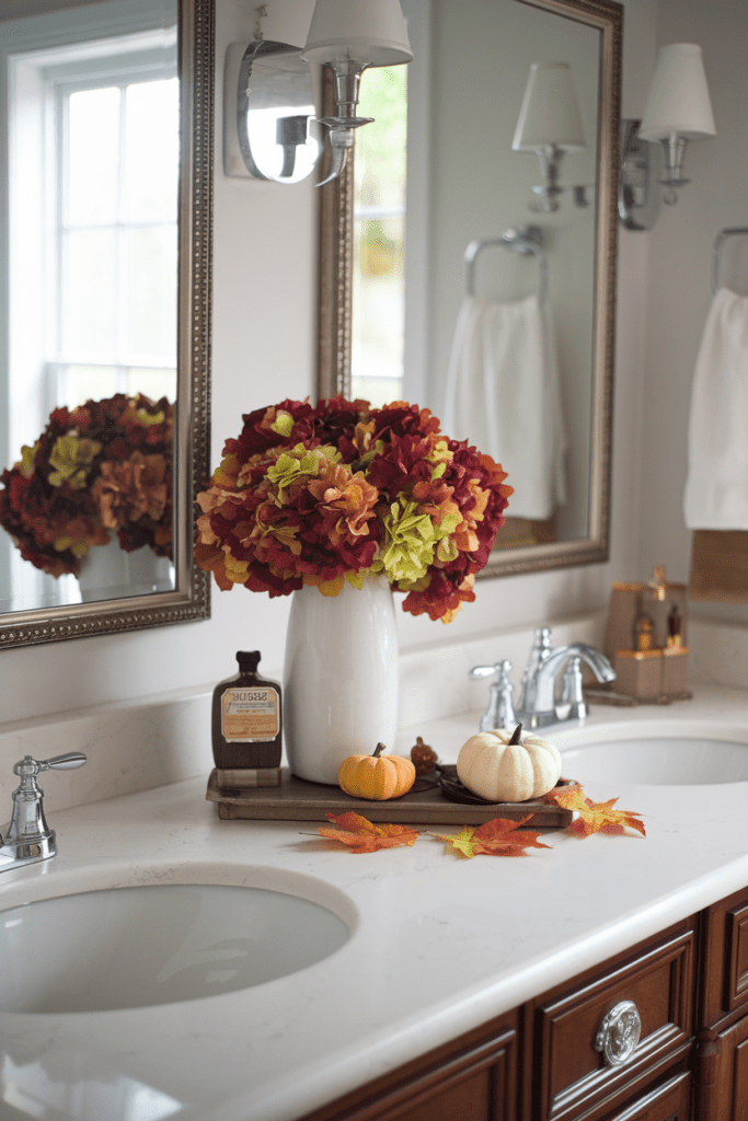 bathroom countertop with seasonal decor