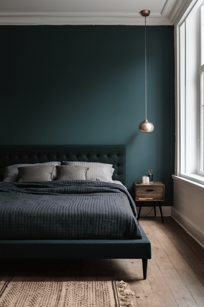 black bed frame with dark green upholstery