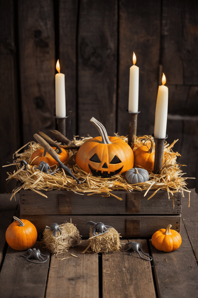 charming halloween table centerpiece featuring a rustic barnyard theme with a wooden crate filled with mini pumpkins straw and plastic spiders