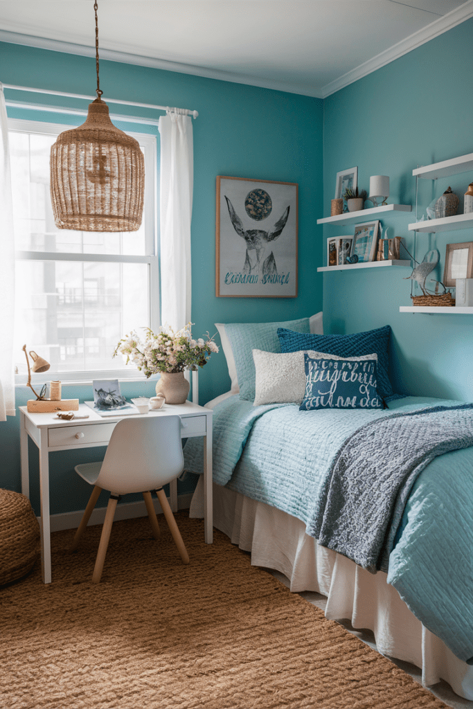 coastal dorm room featuring a blue and white color palette nautical decor and light breezy fabrics