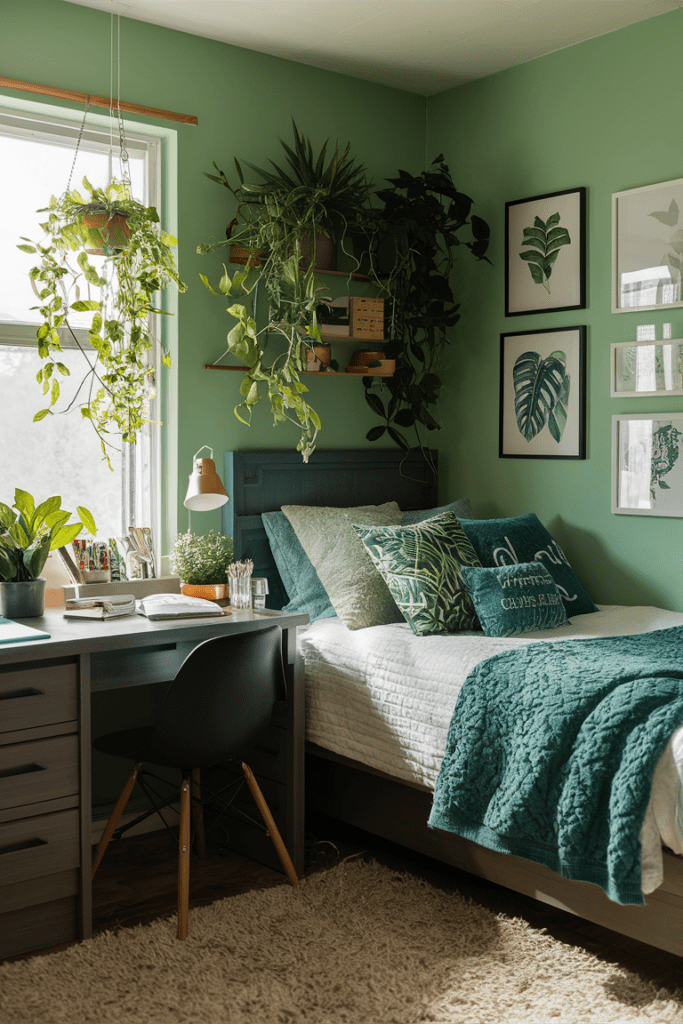 dorm room decorated in greenery style with numerous potted plants hanging planters and botanical prints