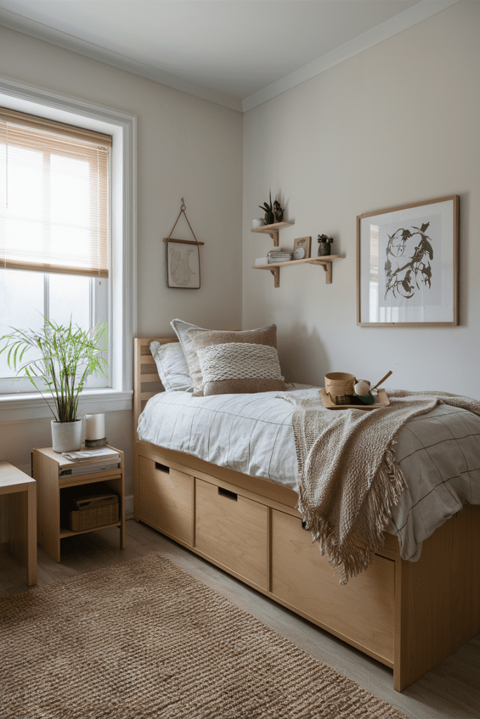 dorm room with japandi serenity, featuring light wood furniture, soft neutral colors, and minimalistic decor.