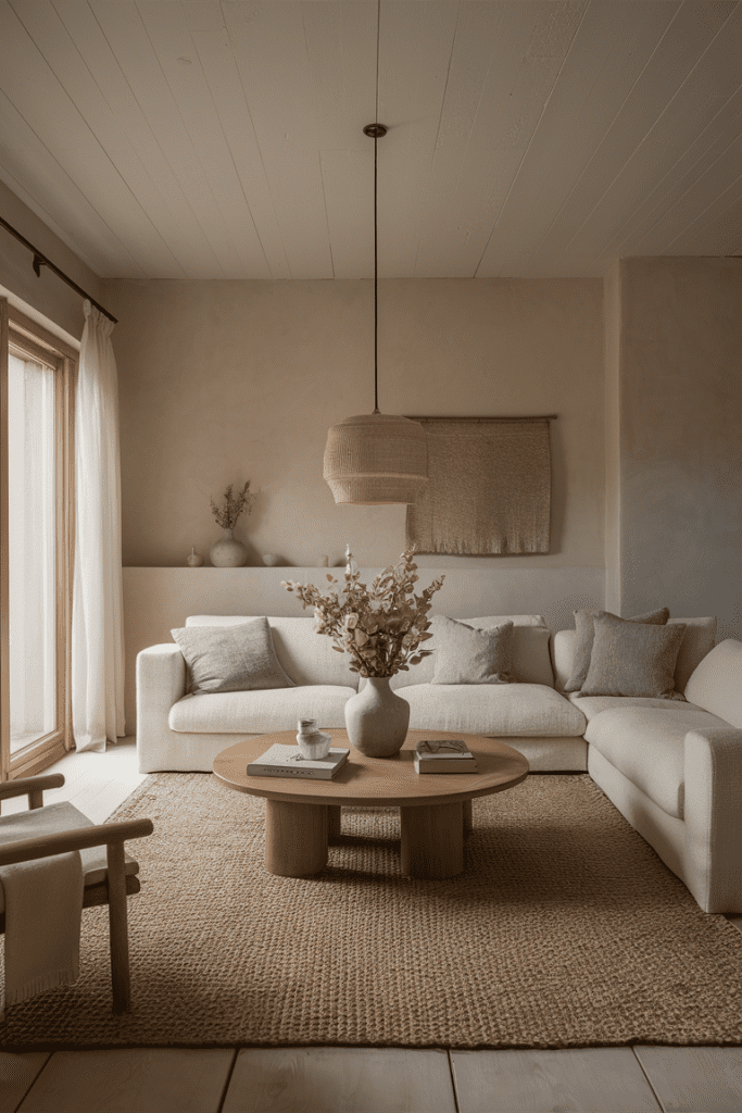 eart living room in off white neutral tones with minimalism