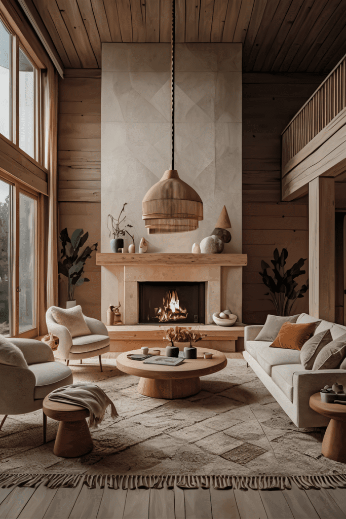 earthy living room focal point fireplace