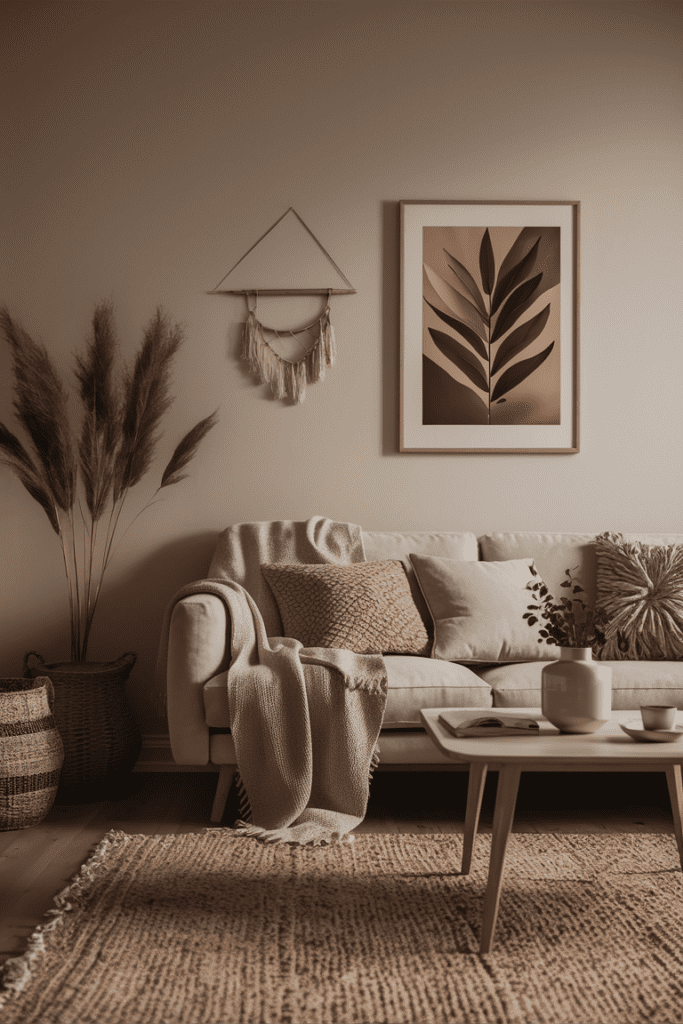 earthy living room in beige neutral tones with layer textiles for warmth