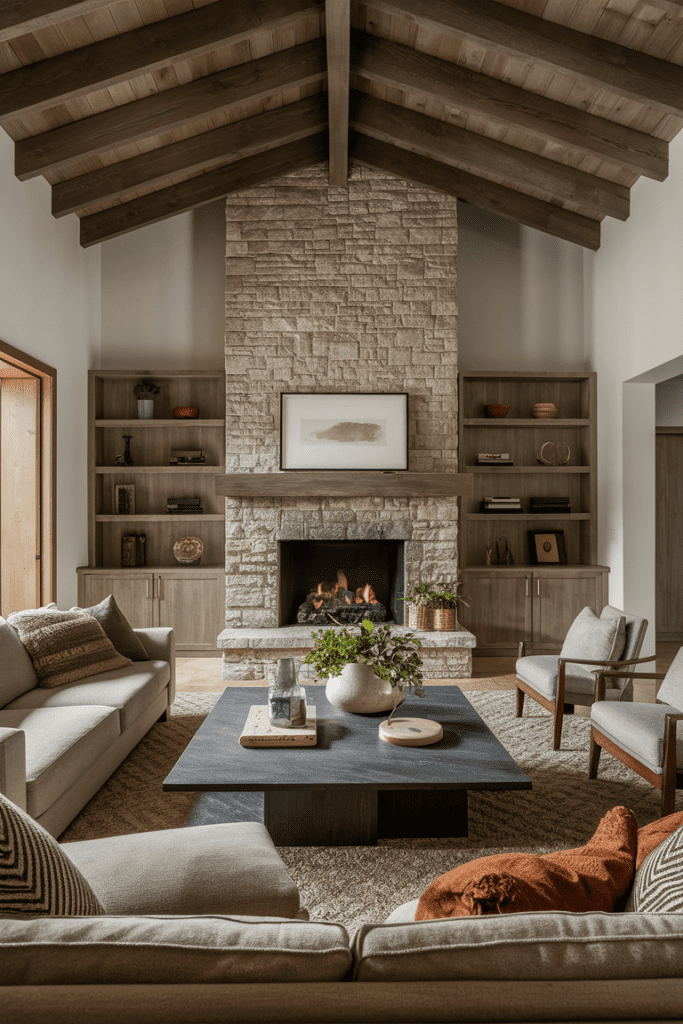 earthy living room in being neutral tones with a stone accents