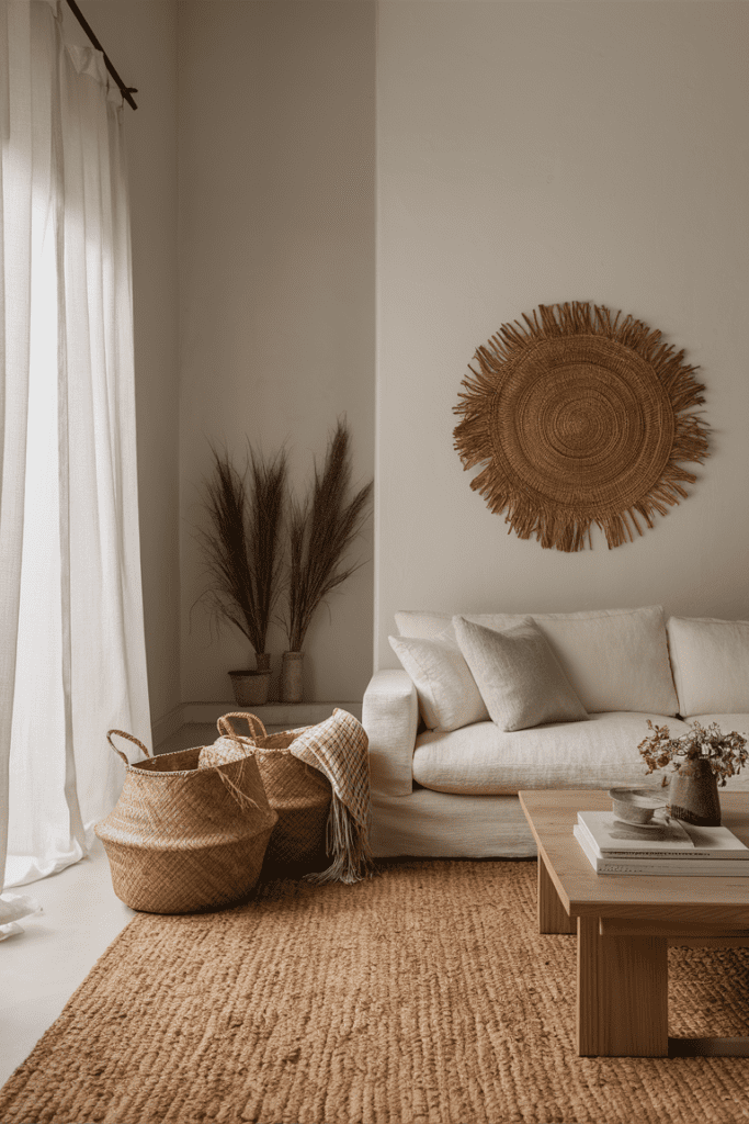 earthy living room with woven baskets