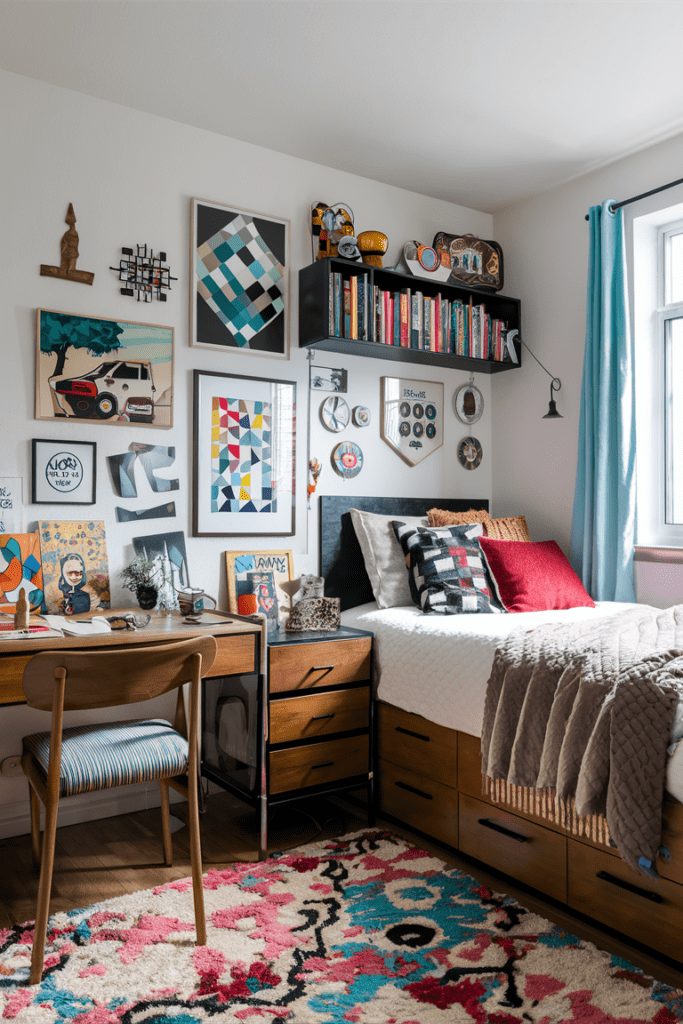 eclectic dorm room with a mix of vibrant colors diverse patterns and a variety of unique decor pieces