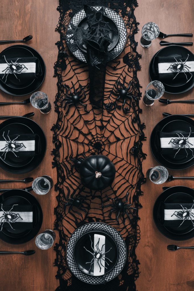 elegant halloween table centerpiece with a spider web lace runner realistic spiders and black tableware for a spooky yet sophisticated look