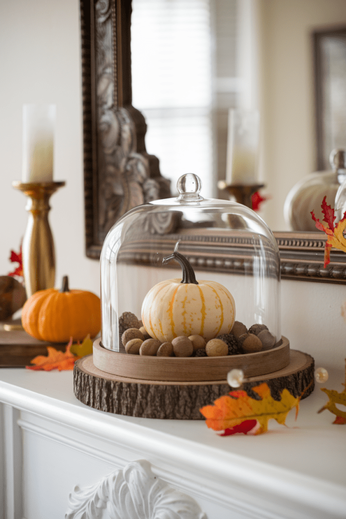 fall mantle decor with glass cloche displays