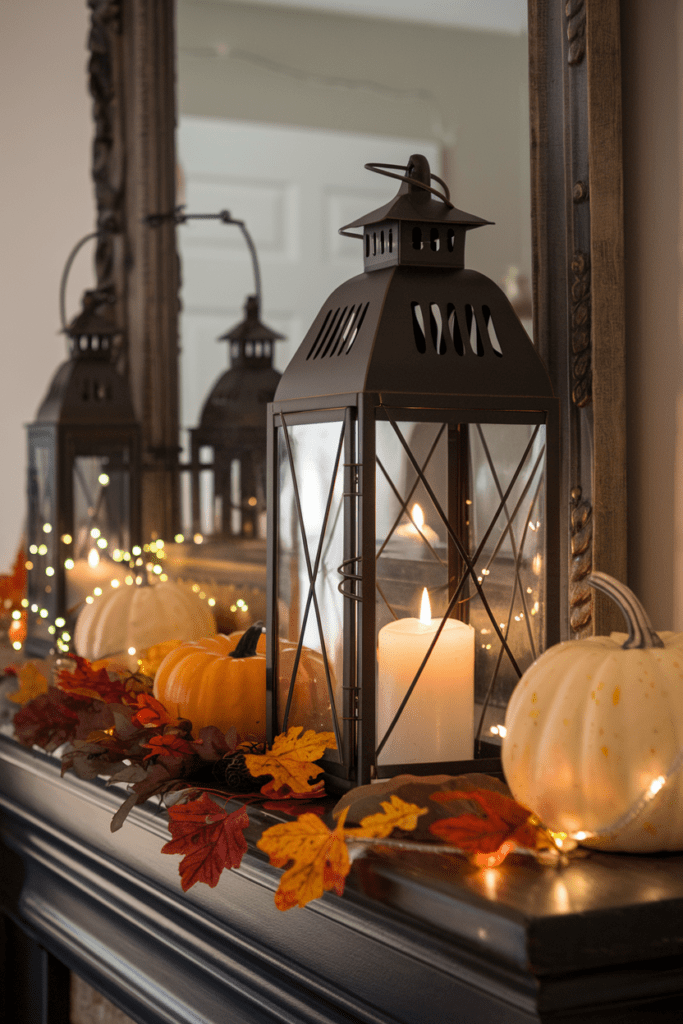 fall mantle decor with lanterns