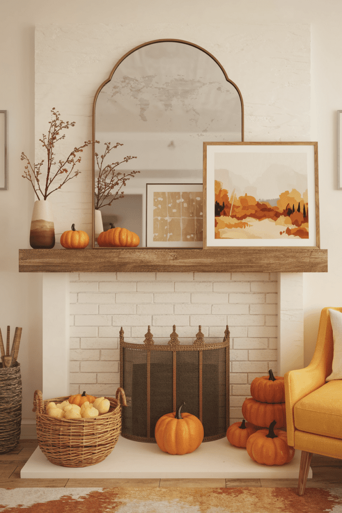 fall mantle decor with layered artwork and mirrors