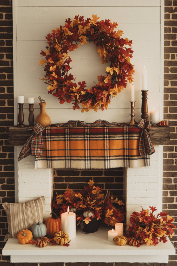 fall mantle decor with plaid accents