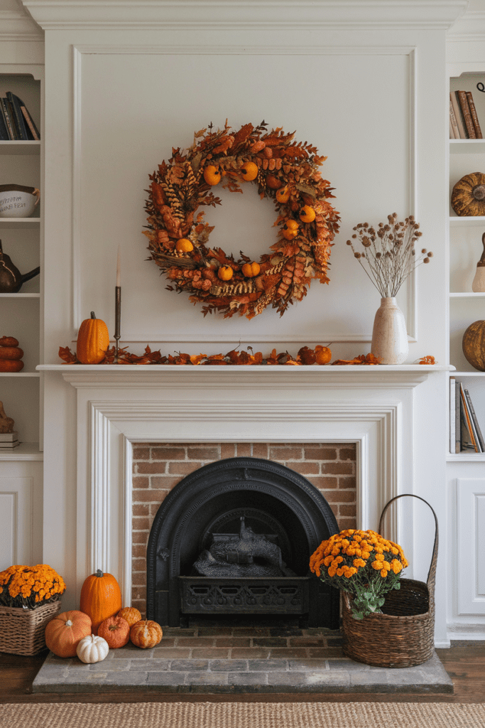 fall mantle decor with seasonal wreath