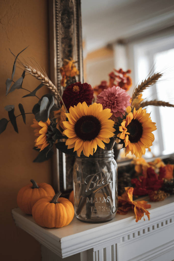 fall mantle decor with simple floral arrangements