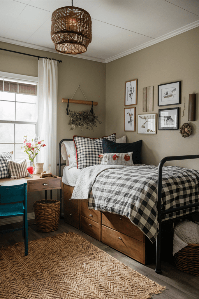 farmhouse style dorm room featuring rustic wood and metal furniture plaid bedding