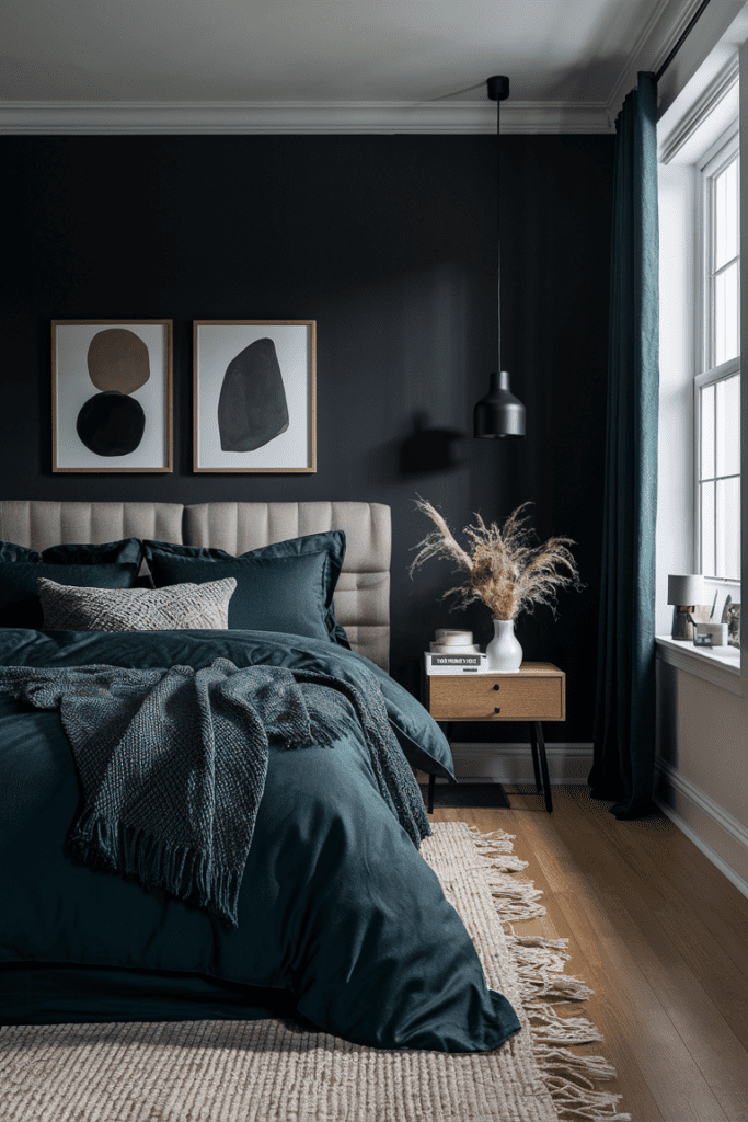 image of a bedroom with black accent wall with dark green bedding