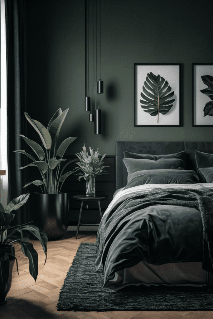 image of a bedroom with green plants in black pots