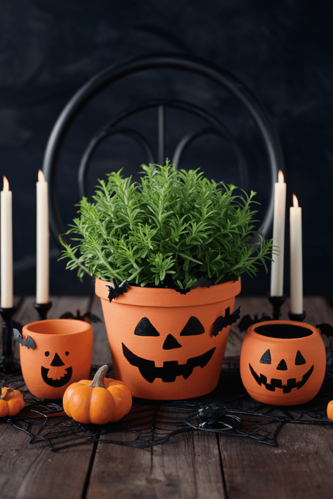 image of a halloween table centerpiece with spooky terracotta pots