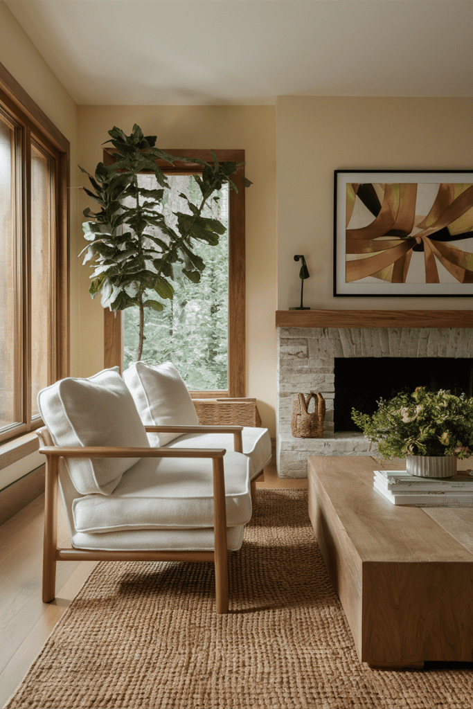 image of an earthy living room in beige neutral colors with natural wood elements 1