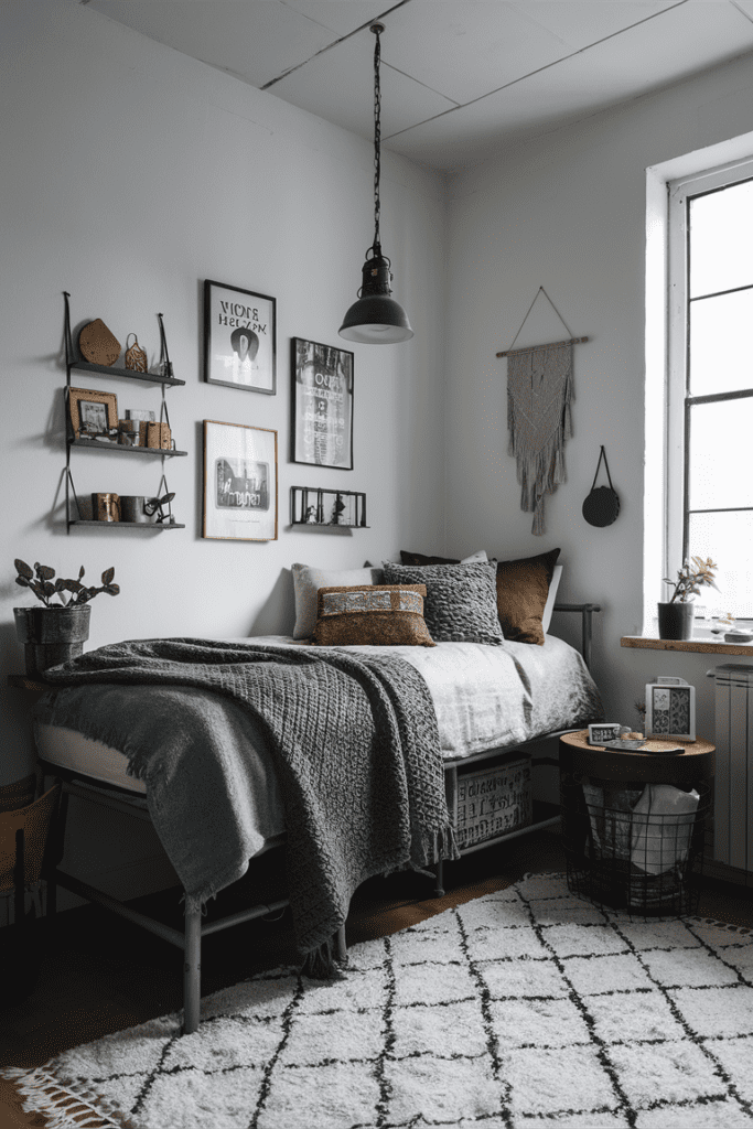 industrial style dorm room with exposed brick metal accents reclaimed wood furniture and a vintage lamp