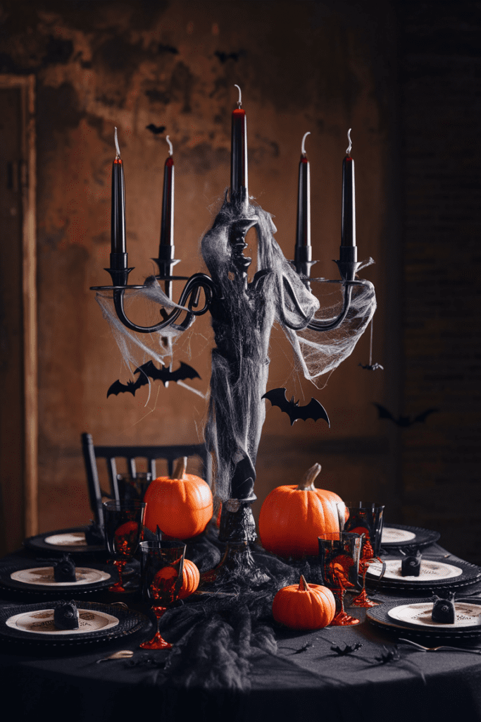 spine chilling halloween table centerpiece featuring a tall candelabra draped with cobwebs adorned with black candles and hanging bats