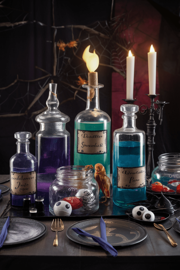 spooky halloween table centerpiece featuring glass potion bottles with colored liquids and jars containing rubber eyeballs and plastic insects