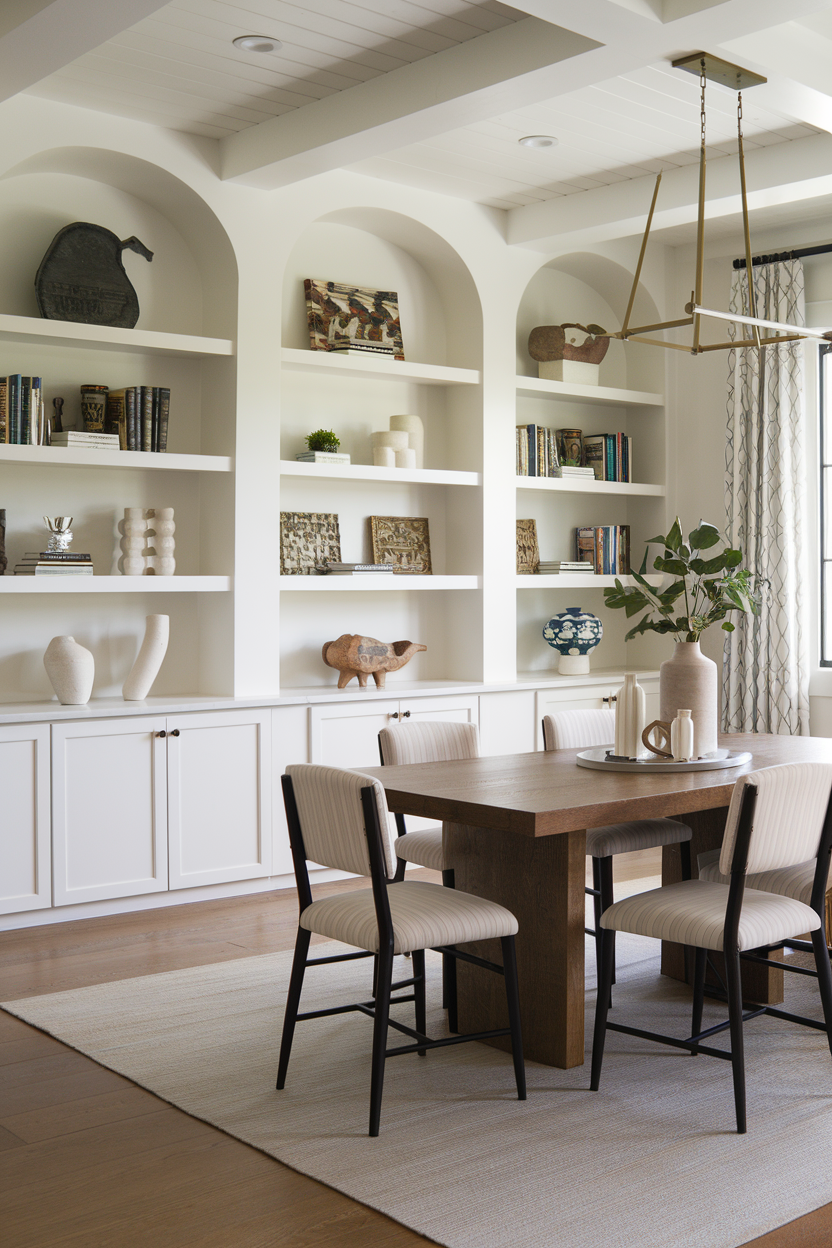 dining room area with built in shelving