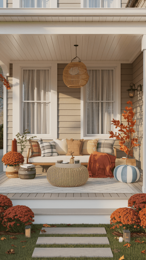 fall porch decorating ideas with a cozy seating area