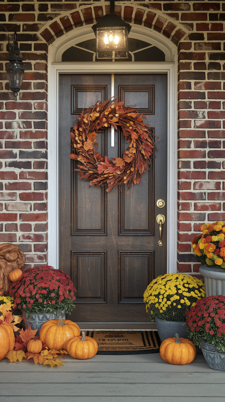 fall porch decorating ideas with a fall wreath to front door