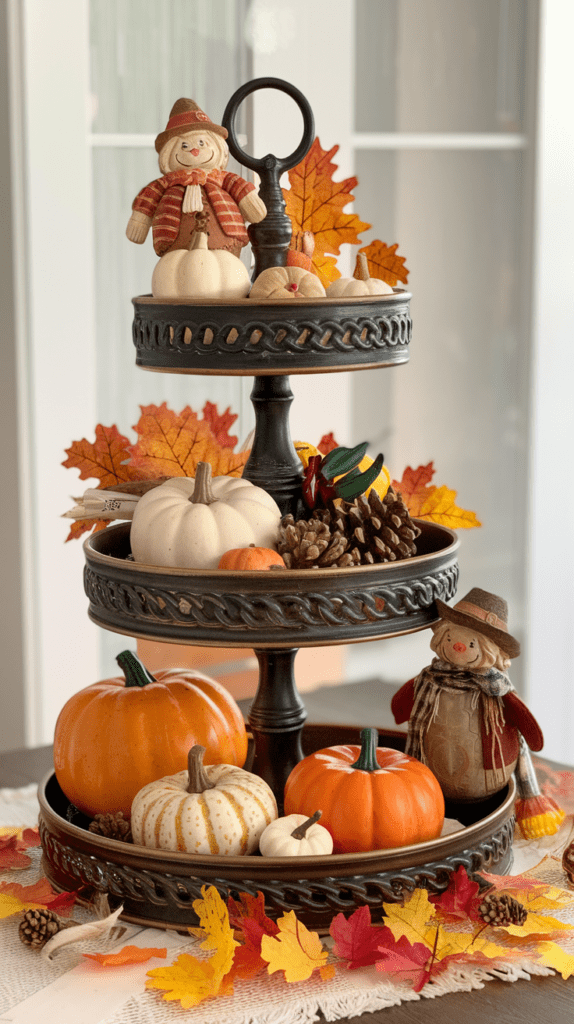 fall tiered tray decor with fall themed figurines