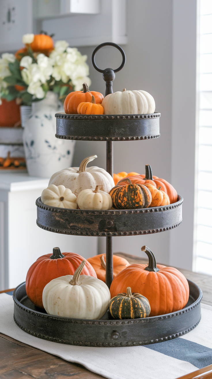 fall tiered tray decor with mini pumpkins